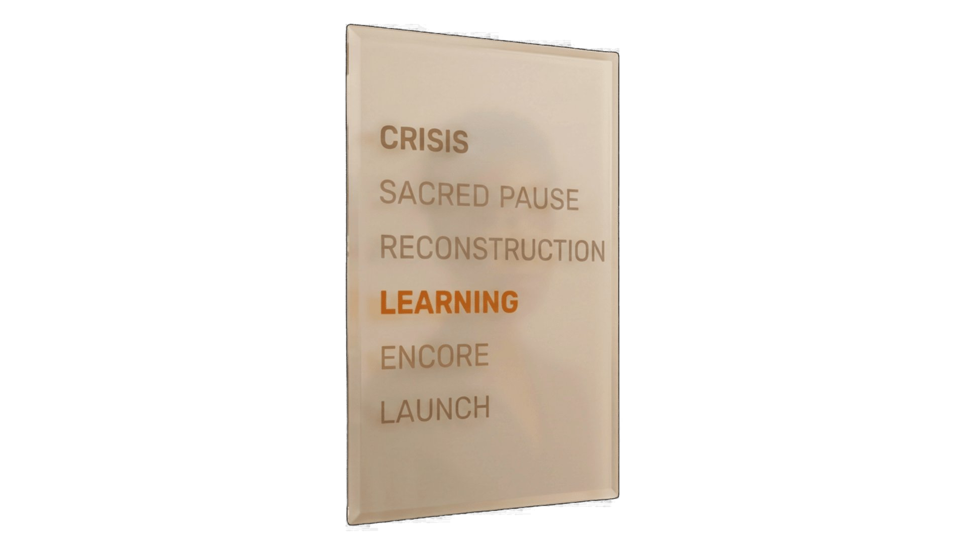 A person standing before a frosted mirror that reflects the six seasons — Crisis, Sacred Pause, Reconstruction, Learning, Encore, Launch — with Learning illuminated, as if the viewer sees their own season reflected back